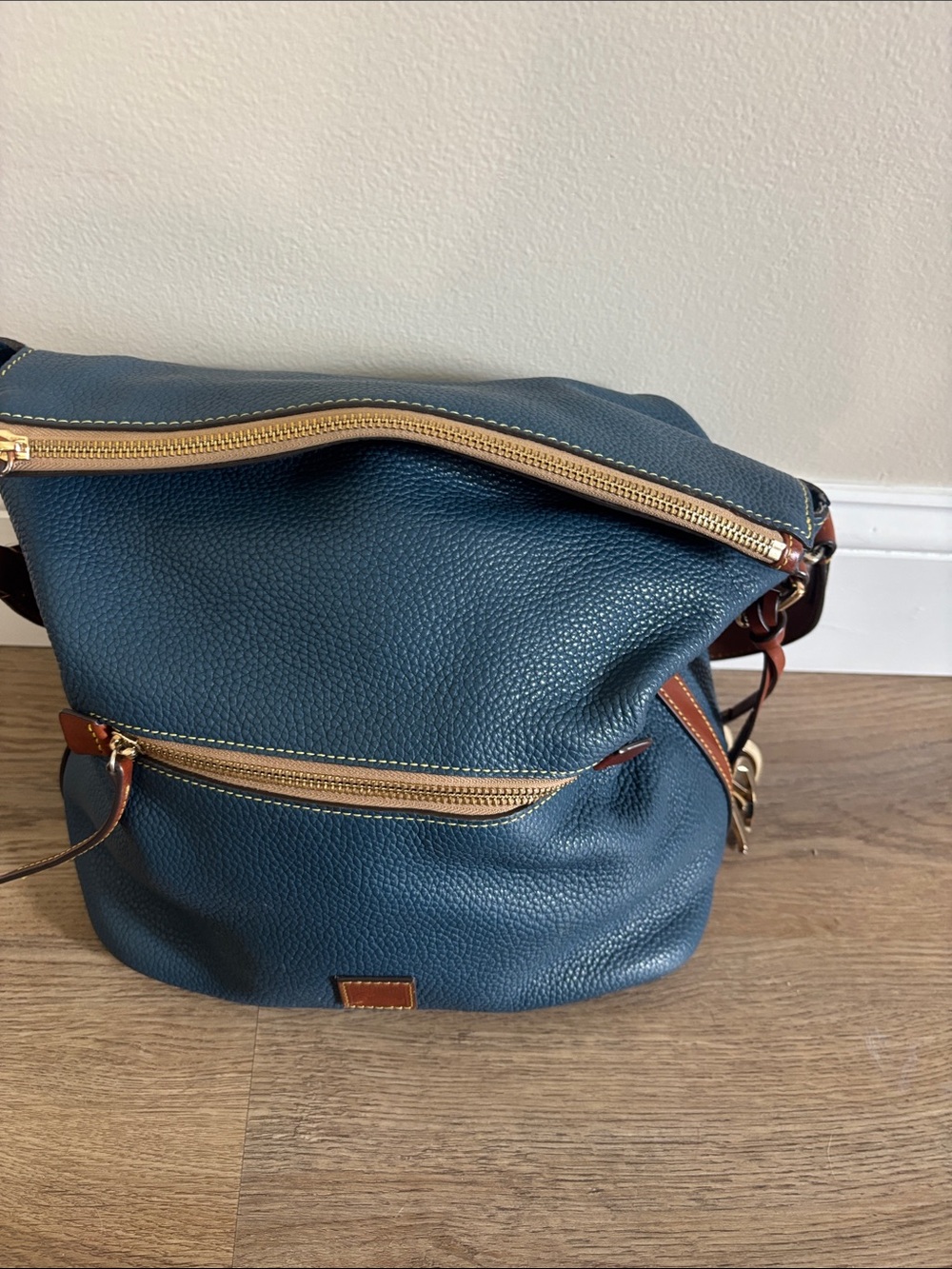 Dooney & Bourke Denim Blue Pebbled Leather Messenger with Brown Trim